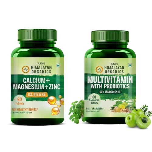 Image of Vlado's Himalayan Organics Calcium Magnesium Zinc with Vitamin D3 + K2 & Multivitamin with Probiotics Combo | Bone, Joint & Daily Wellness Support | 60 Tablets + 60 Veg Tablets | For Men & Women