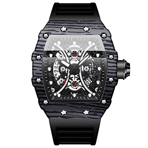 Tiong Herren Mode Quarzuhr Skelett Tonneau Großes Zifferblatt Analog Herren Armbanduhr Uhr Casual Business Schwarz Silikon Armband Uhren