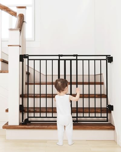 Miumoon 29-45 No Bottom Bar Baby Gate for Stairs 2-in-1 Auto Close Dog Gate Indoor with Large Walk Thru Door Hardware Mount Pet Gate for Top and Bottom Stairs