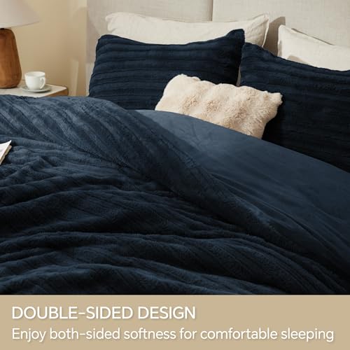 Image of BEDELITE Fleece Queen Comforter Set -Super Soft & Warm Fluffy Navy Faux Fur Bedding, Luxury Fuzzy Heavy Bed Set for Winter with 2 Pillow Cases