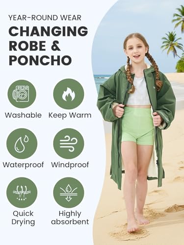 Owntop Wasserdichte Wickelmantel für Erwachsene - Leichtes Strandcape mit Frottee-Futter | Übergroßer Kapuzenjacke mit Fledermausärmeln | Wärmemantel Für Schwimmen, Surfen (Grün,M)
