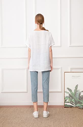 Mordenmiss Women's Embroidered Blouse Tunic V-Neck Linen Tops Short Sleeve Hi-Low Hem Shirt For Petite (Xxl, Style 2-White) #TOP2