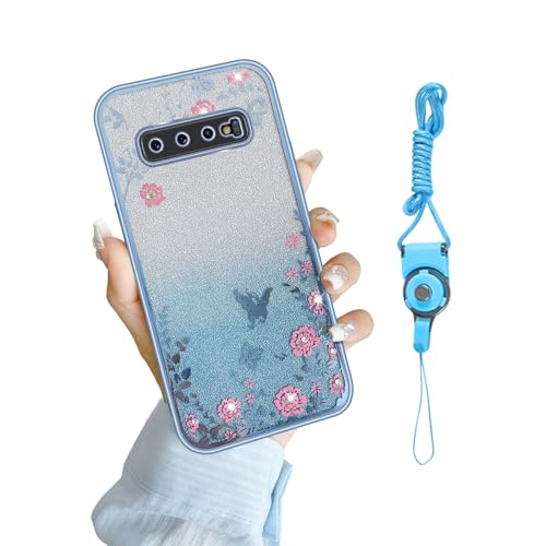 Image of for S10 Plus Case, Galaxy S10 Plus Case for Women Gradual Change Glitter Crystal TPU Butterfly Floral Heart Clear Protective Cover with Strap for Samsung Galaxy S10 Plus 2019 (Blue)
