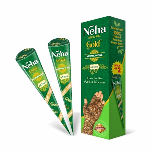 Image of Neha GOLD Mehandi Cone Pure Henna Paste with Essential Oils for Application on hand, feet & body for temporary tatoo - 25g each (Pack of 2) - Net weight 50g