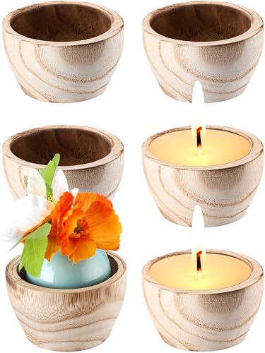 SiliFine 6 Pcs Round Wood Dough Bowl Wood Decorative Bowl Candle Rustic Bowl Vintage for DIY Holding Candles Gifts Anniversary Wedding Birthday Gift for Dining Room Table Centerpiece(Brown)