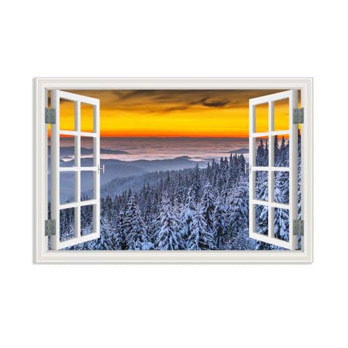 Tableau fausse fenêtre d'hiver pour salon et chambre : forêt enneigée 75x50cm