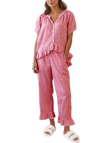 Gihuo Gingham Pajama Set for Women 2 Piece Plaid Cotton Button Down Top and Pants Pjs Ruffle Lounge set Sleepwear (Red-M)