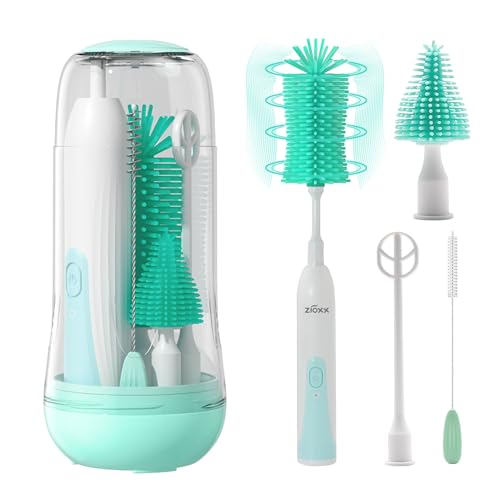 Image of Electric Bottle Brush Cleaner, Portable Electric Baby Bottle Brush Cleaner for Travel, Rechargable Travel Bottle Cleaner Kit with Nipple & Straw Brush, Perfect Mom Essentials After Birth Gift, Green