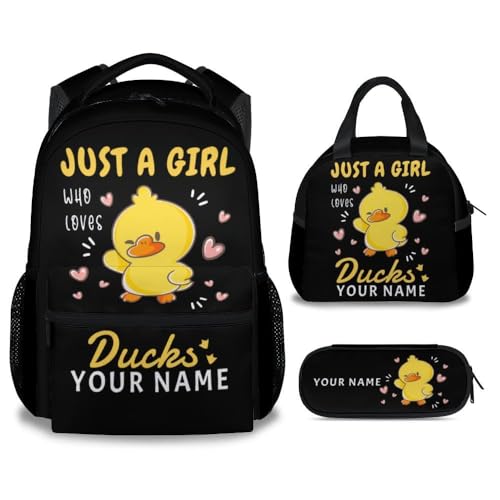 Custom Duck Kids Backpack with Lunch Box, Set of 3 School Backpacks Matching Combo, Cute Black Bookbag and Pencil Case Bundle