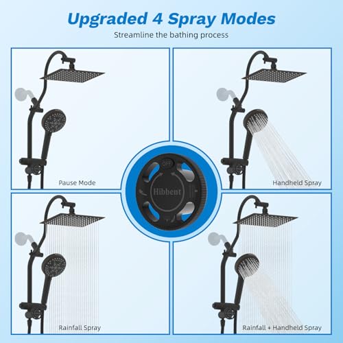Image of Hibbent High Pressue All Metal 8 inch Rainfall Shower Head, Handheld 10-Spray | cUPC Certified Oil-Rubbed Bronze Dual Showerhead Combo, 4-way Diverter with Pause Mode, Extension Arm, 71'' Hose & Holder