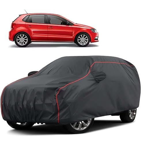 Image of Sulfar 100% Water Resistant Car Body Cover Compatible with Mirror for Volkswagen Polo GT (Triple Stitched, Full Bottom Elastic, Dark Grey Taffeta with Red Piping)