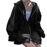 [Big laugh] [ビッグラフ] トップス パーカー アウター ビック シルエット ジップ アップ オーバー サイズ フード 大人 長袖 レディース (ブラック, 2XL)