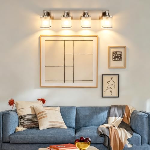 Image of 4 -Lights Bathroom Light Fixtures Over Mirror, Brushed Nickel Vanity Lighting Fixture with Rectangular Frosted Glass Shade, Wall Sconce Lighting for Kitchen Living Room Bedroom Hallway