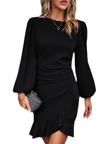Spicy Sandia Women Ruched Bodycon Cocktail Formal Mini Dress Elegant Ruffled Lantern Sleeve Business Work Banquet Tulip Dress