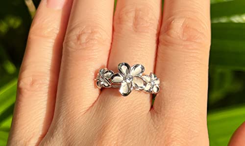 Aloha Jewelry Company 925 Sterling Silver Cubic Zirconia Three Hawaiian Plumeria Flower Eternity Band Promise Wedding Engagement Ring, Nickel Free Hypoallergenic for Sensitive Skin, Gift Box Included3
