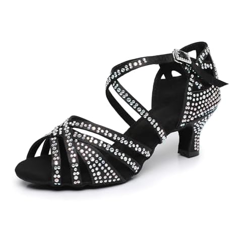 Rosefinch women's Latin dance rhinestone shoes soft bottom Modern Pole Dance ballroom dance wedding shoes 5cm High heel adjustable Latin Shoes for Girls Ladies Cover
