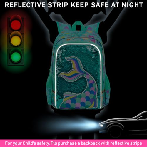 Image of CCJPX 16 inch Mermaid Backpack for Girls, 3Pcs Kids Sequin Bookbag with Lunch Box, Water Resistant Elementary School Bag for Kindergarten Preschool Toddler (Green)