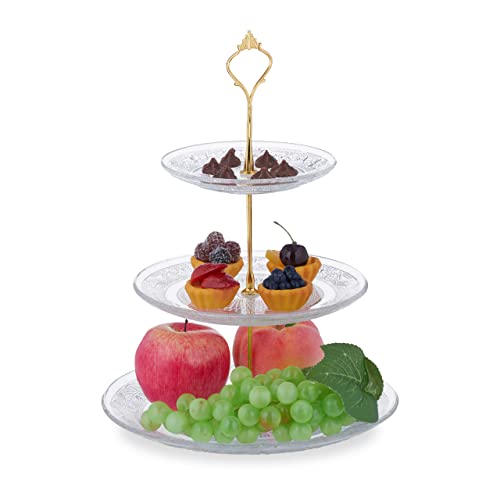 Alzata Per Dolci A 3 Piani In Vetro E Ferro - Design Vintage Oro, H 33 Cm, Per Muffin E Stuzzichini