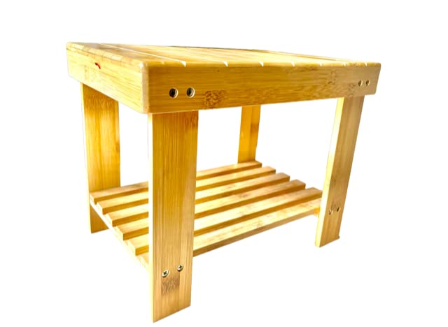 Bambusa Bamboo Small Shower Bench Stool / Table / Foot Rest Shaving Stool / Storage Shelf for Shampoo / Towel -Use in Bathroom/ Living Room/ Bedroom / Office