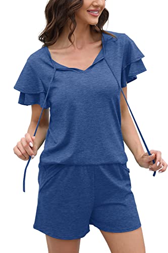 Image of WIHOLL Summer Outfits for Women 2 Piece Short Sleeve V Neck Lounge Sets Casual
