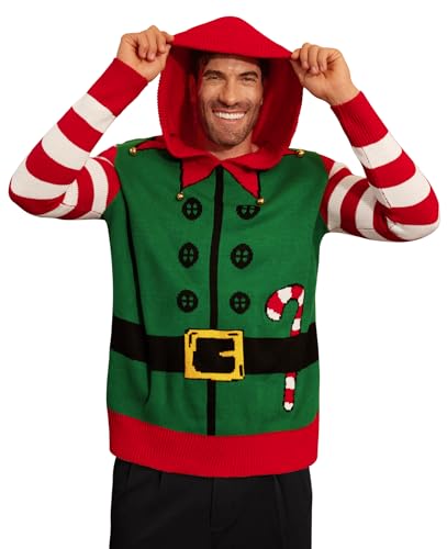 Arvilhill Mens Christmas Hooded Sweater Santa Elf Holiday Funny Knit Xmas Hoodie (S-XXL)