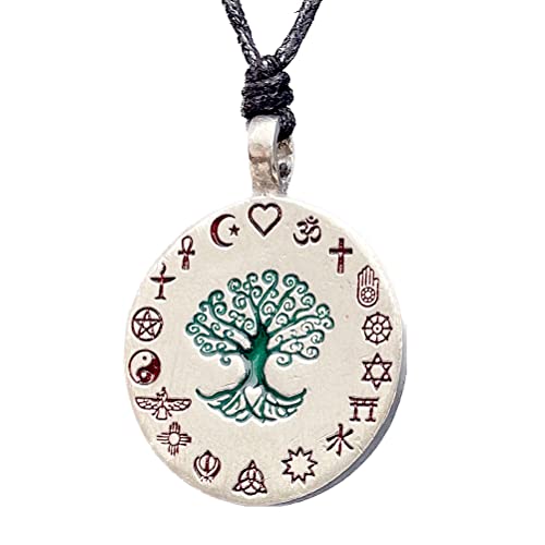 Coexist Pagan Jewelry Yggdrasil Green Tree of life Respect all Fait religion World's Peace Protection Amulet Silver Pewter Men's Pendant Necklace Wealth Safe Travel Lucky Charm w Black Adjustable Cord