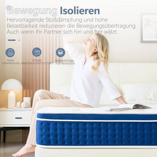 Bednew Matratze 160 x 200cm, 30.5cm Federkernmatratze, H3 Höhe 7-Zonen Orthopädische Taschenfederkernmatratze mit Comfort Memory-Schaum… – Ansicht 5