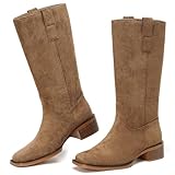 CouieCuies Brown Suede Boots for Women Mid Calf Boot Chunky Block Heels Riding Boots Pull on Western Boot Plain Calf High Square Toe Campus Low Heel Comfortable 7