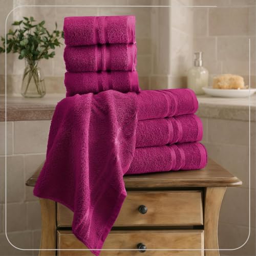 Image of 100% Cotton Terry Ultrasoft and Quick Absorbent 380 GSM Solid 6 pcs. Quick Dry Bath Towel Set for Bathroom or Gifting Towel Set (Magenta)