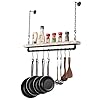 MyGift Ceiling Mounted Pot Rack with Industrial Matte Black Metal Pipe and Shabby White Washed Solid Wood, Hanging Pots and Pans Organizer with 8 S-Hooks