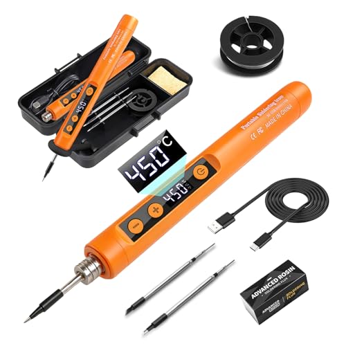 Flintronic Soldador Estaño, Kit de Soldador Inalámbrico, Kit de Soldador Recargable USB con LCD, Temperatura Ajustable 180 °C a 450 °C, 3 Puntos de Soldadura, Pasta y Alambre de Soldadura, Reparación