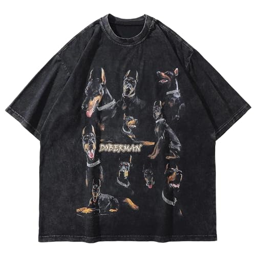Aelfric Eden Graphic Tees Shirts Oversized Doberman T Shirt Doggy Washed Streetwear Unisex Crewneck Summer Tops Black L