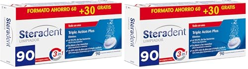 Steradent - Comprimidos limpiadores de prótesis dentales Triple Action Plus - 60 + 30 (Paquete de 2)