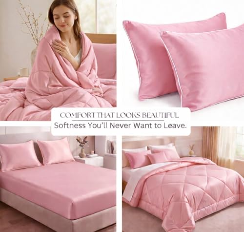 Image of SANMARINO Satin Silk Comforter Set for Double Bed - 300 TC Premium Satin Bedsheet with Pillow Covers, Luxury Complete Bedding Set, Soft Silky Finish, Bedroom Home Furnishing Gift Set - Rose Petal Pink
