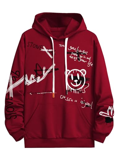 WDIRARA Men's Cartoon Letter Graphic Drawstring Hoodie Long Sleeve Pocket Sweatshirts