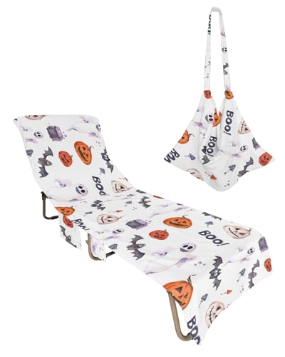 Halloween Beach Lounge Chair Towel Cover, Soft Chaise Lounge Towel with Side Pockets Patio Pool Chairs Cover for Beach/Pool Sunbathing 29x85 Horror Orange Pumpkin Ghost Bat Boo White
