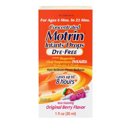 Image of Infants' Motrin Oral Suspension Concentrated Liquid Medicine Drops with Ibuprofen, NSAID Fever Reducer & Pain Reliever for Babies, Dye Free, Alcohol-Free, Berry Flavored, 1 fl. oz | Concentrated Liquid Medicine, NSAID Fever Reducer & Pain Reliever for Babies, Dye-Free, Alcohol-Free