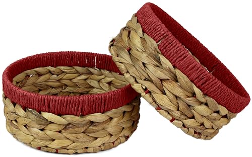 Lot de 2 petits paniers ronds en jacinthe d'eau avec bords rouges naturels pour étagères ouvertes. Cadeau décoratif Mini plateau de maquillage Organisateur...