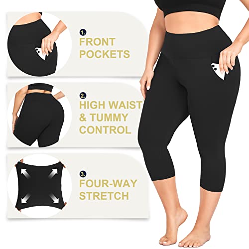 morefeel capri plus size leggings for women with pockets-stretchy xl-4xl tummy control high waist workout black yoga pants