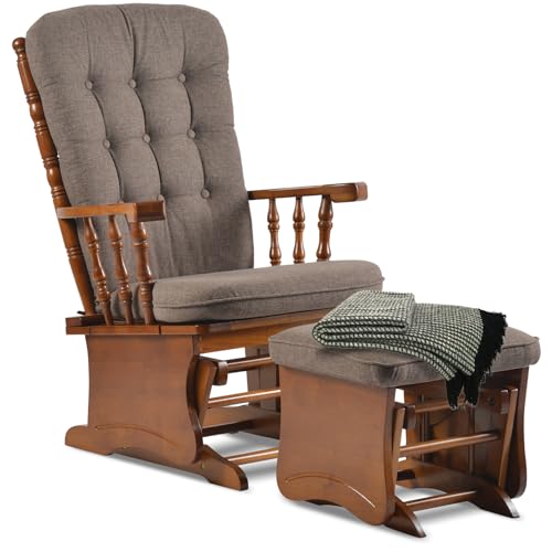 Eesehayton Anti-Pinch Solid Wood Hand Glider Rocking Chair Set with Ottoman, with Padded Cushion, Rustic Rubber Wood Nursery Glider for Nursing,...