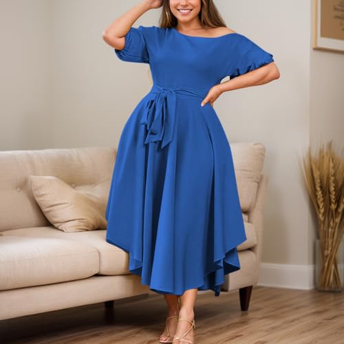 Image of Plus Size Women Wedding Guest Dress Off Shoulder Boat Neck Irregularly Flowy Midi Church Dress