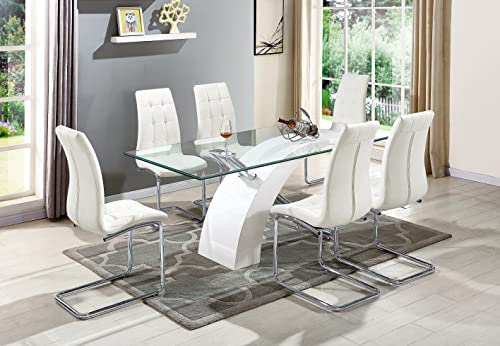 Henf 63" Long Dining Table For 6, Contemporary Dining Room Table With Tempered Glass Top, Rectangle Dinner Table Kitchen Table Home Office Meeting Table, High-Gloss Wood & Stainless Steel Base (White) #TOP3