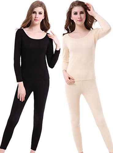 CnlanRow Thermal Underwear Women Long - Scoop Neck Ultra - Thin Johns Set Top & Bottom