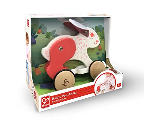 Image of Hape: Pull Along - Bunny - White & Red - Wooden Animal Toy, Rubber Rimmed Wheels, Encourages Walking, Push & String Pull, Kid Baby Toddler, Age 12 mo+