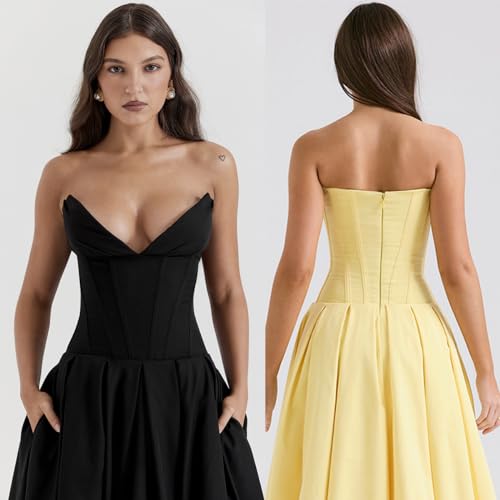 Milkmaid Dress, Cocktail Dress,Length Off Shoulder Sleeveless Dress, Low-Cut Sleeveless Pleated Flowing Dress4