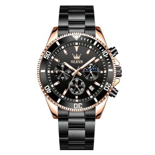 Image of OLEVS Watch for Men Stainless Steel Analog Quartz Chronograph Moon Phase Watch Waterproof Date Luminous Wrist Male Watches,Gift for Men