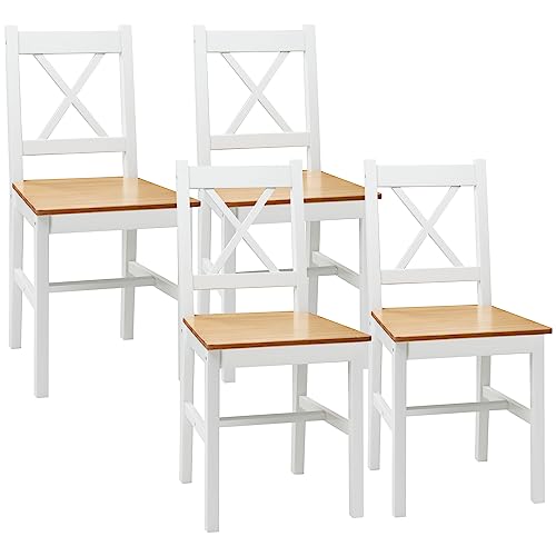 HOMCOM Lot de 4 chaises de Salle à Manger, chaises de Cuisine, Style Maison de Campagne, Dossier Haut, Cadre en Bois de pin, pour Salon, Chambre, Cuisine,...
