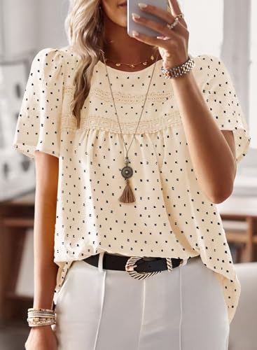 Image of Falechay Womens Summer Tops Crewneck Short Sleeve Shirts Casual Chiffon Blouses Flowy Lace Hem Boho Clothing Trendy 2026