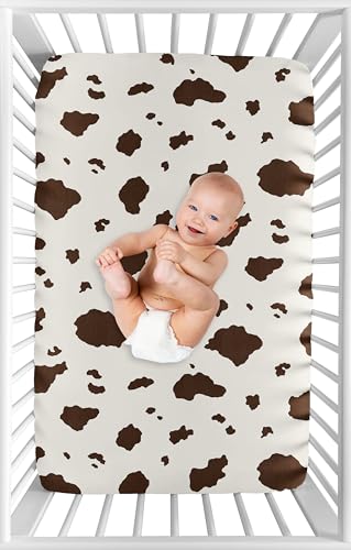 Image of Sweet Jojo Designs Cow Print Girl Boy Gender Neutral Fitted Mini Crib Sheet Baby Nursery Infant Newborn Bed Room Portable Pack n Play Mattress Brown Vintage Animal Print for Western Cowgirl Southwest