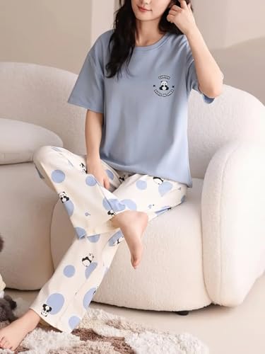 Image of Louis Luxe Womens Korean Night Dress || Full Pyjama Set || Korean Nightsuit || Women Nightwear ||Round Neck Full Sleeve Nightsuit || Loungewear || Everyday Nightdress